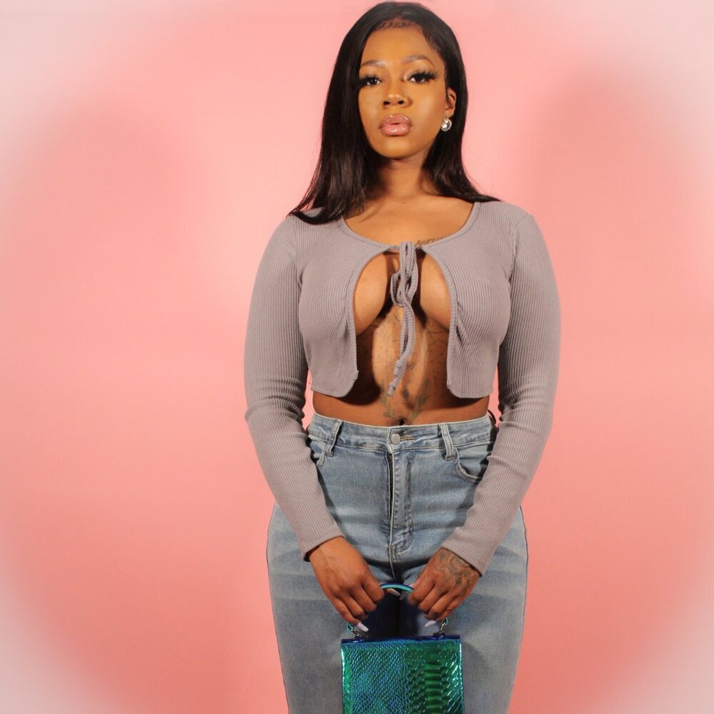 Grey Ribbed Tie Front Crop Cardigan | Long Sleeve Cutout Crop Top